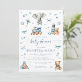 Schattige blauw olifant speelgoed baby boy douche  kaart (Staand voorkant)