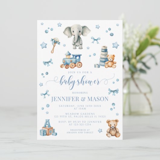 Schattige blauw olifant speelgoed baby boy douche  kaart (Staand voorkant)