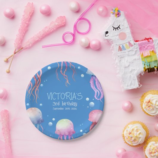 Schattige blauw onder het Zee Jellyfish Birthday Papieren Bordje (Feest)