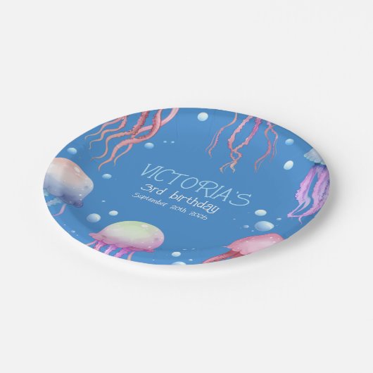 Schattige blauw onder het Zee Jellyfish Birthday Papieren Bordje (Gekanteld)
