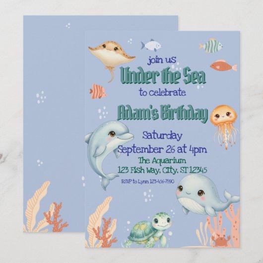 Schattige, Blauw, Onder het Zee Verjaardag Kaart (Voorkant / Achterkant)
