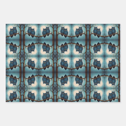 Schattige blauw Paar Uilen op een tak Inpakpapier Vel (Voorkant 3)