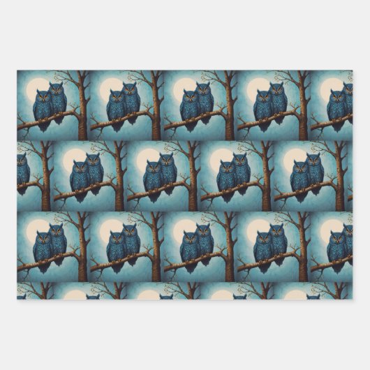 Schattige blauw Paar Uilen op een tak Inpakpapier Vel (Voorkant 2)