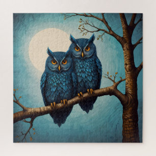 Schattige blauw Paar Uilen op een tak Legpuzzel