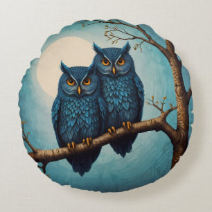 Schattige blauw Paar Uilen op een tak Rond Kussen