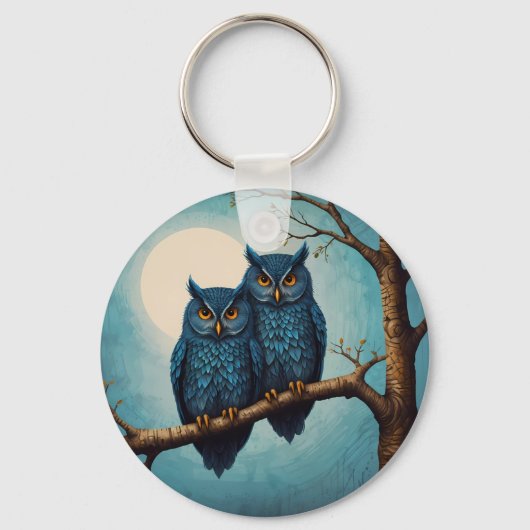 Schattige blauw Paar Uilen op een tak Sleutelhanger (Voorkant)
