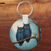 Schattige blauw Paar Uilen op een tak Sleutelhanger (Achterkant)