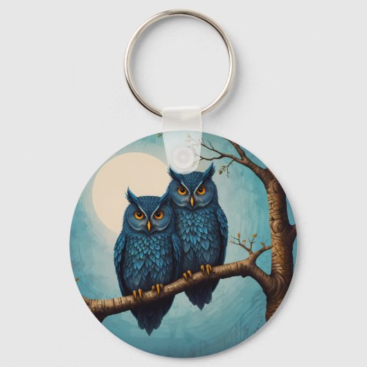 Schattige blauw Paar Uilen op een tak Sleutelhanger (Achterkant)