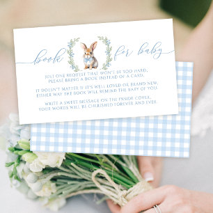 Schattige blauw paashaas boek voor baby shower informatiekaartje