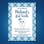Schattige Blauw Plaid Baby Boy's eerste tandenfees Kaart