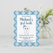 Schattige Blauw Plaid Baby Boy's eerste tandenfees Kaart (Staand voorkant)