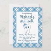 Schattige Blauw Plaid Baby Boy's eerste tandenfees Kaart (Voorkant)