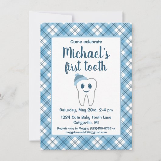 Schattige Blauw Plaid Baby Boy's eerste tandenfees Kaart (Voorkant)