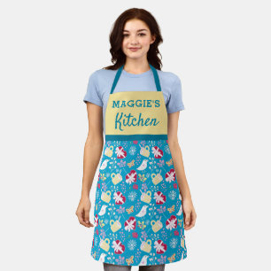 Schattige blauw retro theekopje harten vogelpatroo schort