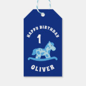 Schattige Blauw Rocking Horse Boy 1e Verjaardag Cadeaulabel (Achterkant)