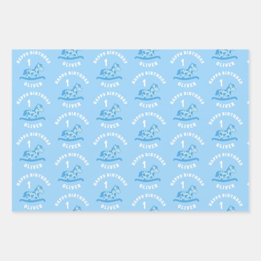 Schattige Blauw Rocking Horse Boy 1e Verjaardag Inpakpapier Vel (Voorkant 3)