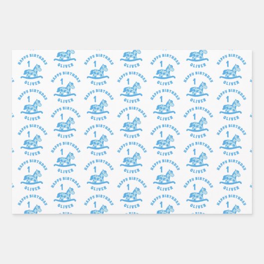 Schattige Blauw Rocking Horse Boy 1e Verjaardag Inpakpapier Vel (Voorkant)