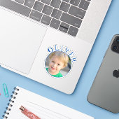 Schattige Blauw Rond Lijst Naam en Foto Kinder Sti Sticker (Laptop met iPhone)