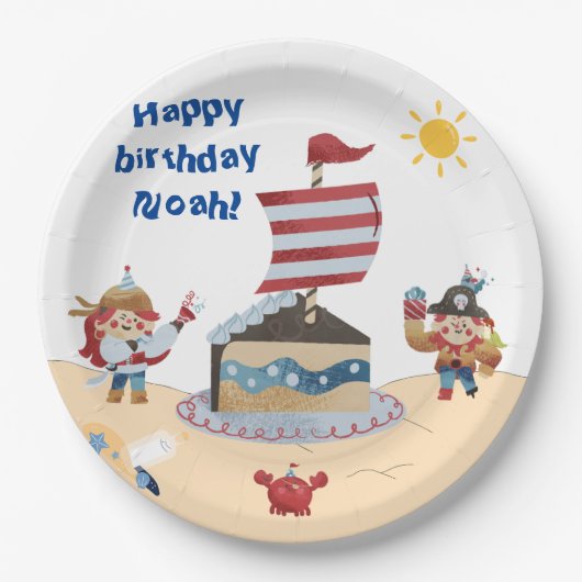 Schattige blauw & rood piraat thema papieren bordje (Voorkant)