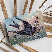 Schattige blauw rood zwaluwvogel en  bloemen briefkaart