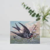 Schattige blauw rood zwaluwvogel en  bloemen briefkaart (Staand voorkant)