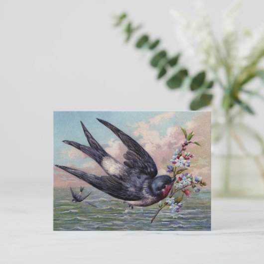 Schattige blauw rood zwaluwvogel en  bloemen briefkaart (Staand voorkant)