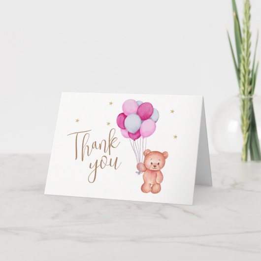 Schattige Blauw Roze Balloon Teddy Bear Baby showe Bedankkaart (Voorkant)