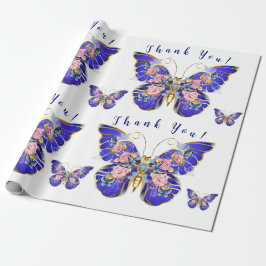 Schattige Blauw Roze Gouden Vlinder Bloemen Dank u Cadeaupapier