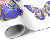 Schattige Blauw Roze Gouden Vlinder Bloemen Dank u Cadeaupapier (Rol Hoek)