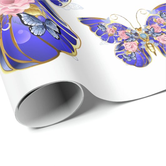 Schattige Blauw Roze Gouden Vlinder Bloemen Dank u Cadeaupapier (Rol Hoek)