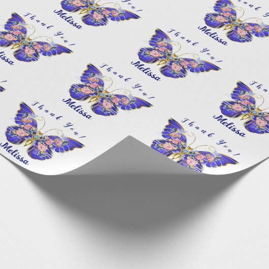 Schattige Blauw Roze Gouden Vlinder Bloemen Dank u Cadeaupapier (Hoek)