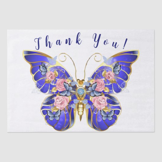 Schattige Blauw Roze Gouden Vlinder Bloemen Dank u Tissuepapier (Voorkant)
