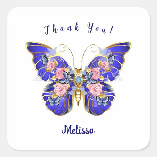 Schattige Blauw Roze Gouden Vlinder Bloemen Dank u Vierkante Sticker (Voorkant)