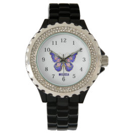 Schattige Blauw Roze Gouden Vlinder Bloemen Naam Horloge