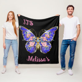 Schattige Blauw Roze Gouden Vlinder Bloemen Naam V Fleece Deken