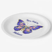 Schattige Blauw Roze Gouden Vlinder Bloemen Naam V Papieren Bordje (Gekanteld)