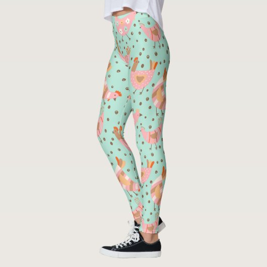 Schattige Blauw Roze Kip Bloemen Leggings (Links)