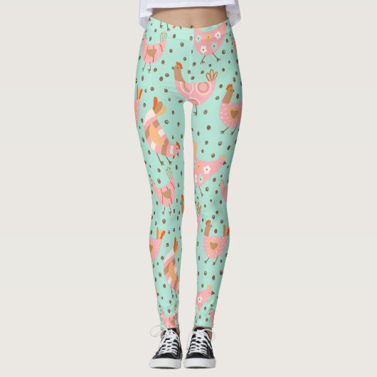 Schattige Blauw Roze Kip Bloemen Leggings (Voorkant)