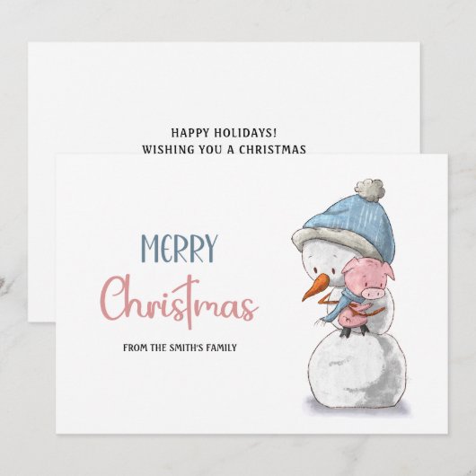 Schattige Blauw Roze Sneeuwpop Varken Kerst Feestdagenkaart (Voorkant / Achterkant)