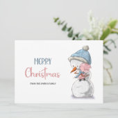 Schattige Blauw Roze Sneeuwpop Varken Kerst Feestdagenkaart (Staand voorkant)