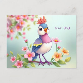 Schattige Blauw Roze Vogel Bloemen Briefkaart