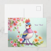 Schattige Blauw Roze Vogel Bloemen Briefkaart (Voorkant / Achterkant)