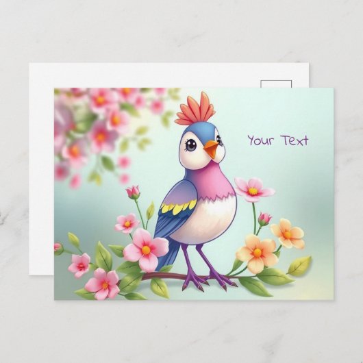 Schattige Blauw Roze Vogel Bloemen Briefkaart (Voorkant / Achterkant)