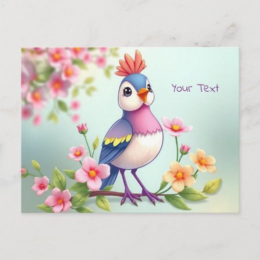 Schattige Blauw Roze Vogel Bloemen Briefkaart (Voorkant)