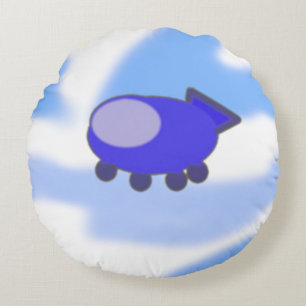 Schattige blauw ruimteschip op Frans blauw rond ku Kussen