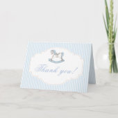 Schattige blauw schommelpaard  baby boy shower bedankkaart (Voorkant)