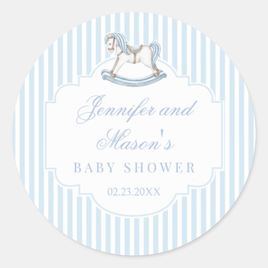 Schattige blauw schommelpaard boho baby boy douche ronde sticker (Voorkant)