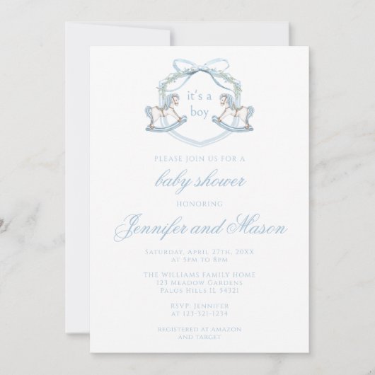 Schattige blauw schommelpaard classic baby boy sho kaart (Voorkant)