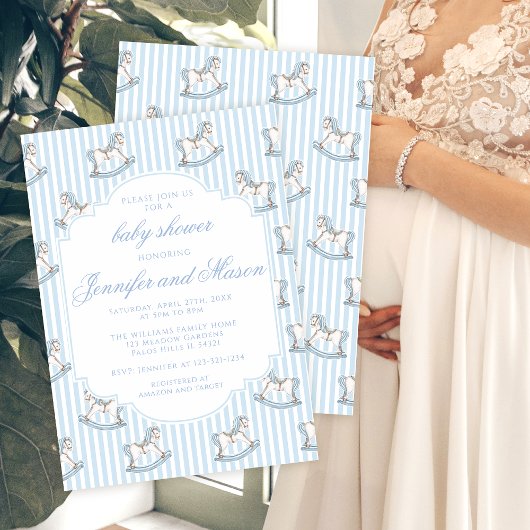 Schattige blauw schommelpaard gestippeld baby boy  kaart