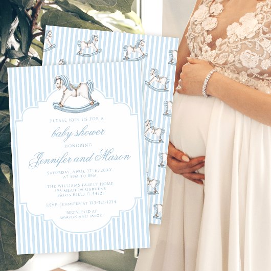 Schattige blauw schommelpaard gestippeld baby boy  kaart